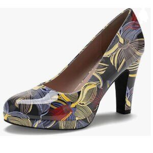 miss left Graffiti Low Platform Chunky High Heel Slip On Round Toe Dressy Pump